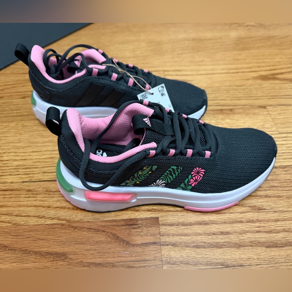 Adidas Women's Black Sneakers with Pink and Green Floral Accents NWT